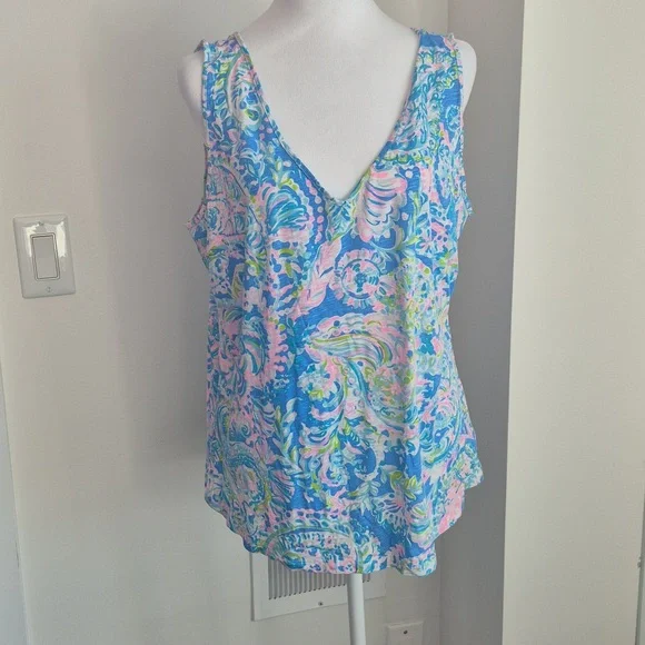 Lilly Pulitzer Gigi Tank Top In Zanzibar Blue Fish Kiss Size XL - Picture 2 of 7